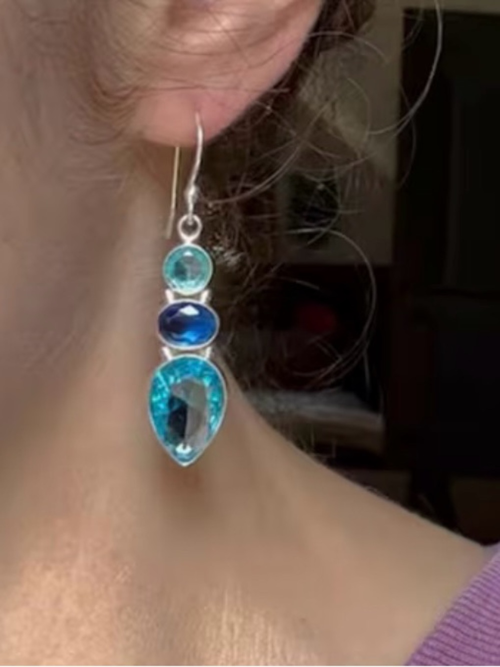 Silver Drop Earrings Blue and Teal Stones Boho style for day or evening NWOT - Picture 3 of 5